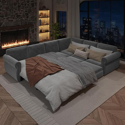 118" L-Shaped Sleeper Couch Bed - Oversize Convertible with Pull-Out Sofa Bed, Button Tufted Chesterfield Sofa, Chenille Sectional Vintage Couches for Living Room/Apartment(6-Seater, Light Grey) | Oversize Convertible