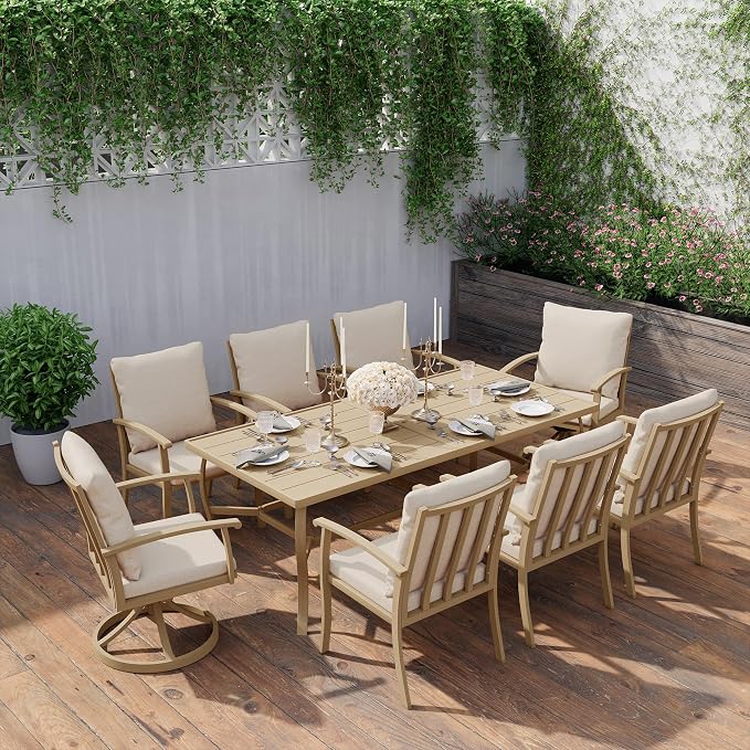 HAPPATIO Aluminum 9 Piece Patio Dining Sets, Outdoor Dining Set for 8, Patio Furniture Sets, 2 Swivel Dining Chairs, 6 Dining Chairs, Aluminum Furniture Set for Patio, Yard (Beige)