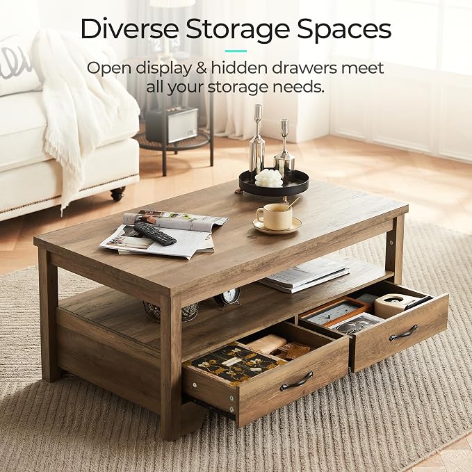 LINSY HOME Farmhouse Coffee Table with Storage, Wood Coffee Table for Living Room, Open Display Area and Storage Drawers with Metal Handles, Chic Style with Curved Base, Brown