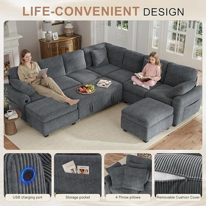 Hanherry 106" Sectional Sofa with Pull Out Couch Bed,7 Seat Corduroy Sleeper Sofa with 2 Seat Storage & USB Charging,Storage Ottoman,Comfy Modular Couches for Living Room,Apartment