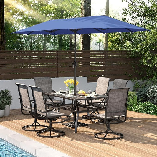 PHI VILLA 8 PCS Patio Dining Set with 13ft Large Patio Umbrella(Haze Blue), 6 Outdoor Swivel Chairs & 1 Rectangle Metal Table for 6 Person, Patio Dining Fruniture Set for Deck Garden(No Umbrella Base)