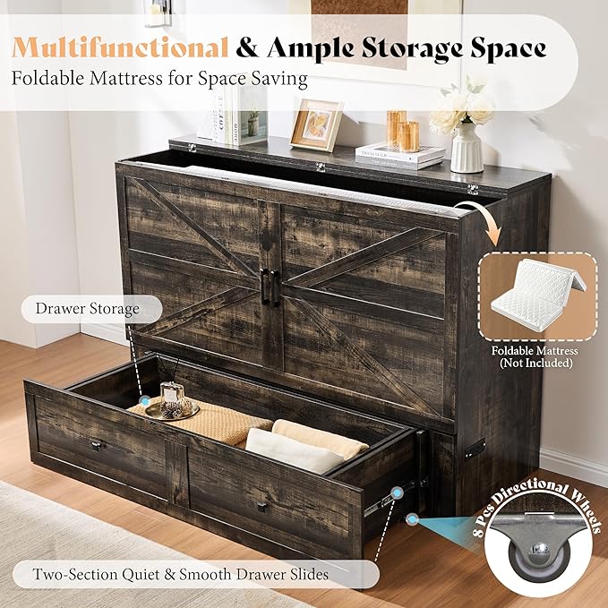 AMERLIFE Full Murphy Bed Cabinet with Charging Station and Storage, Farmhouse Foldable Platform Bed for Guest Room, Office, Small Spaces, Black Oak