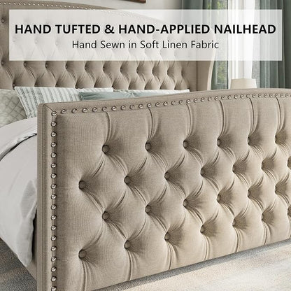 AMERLIFE Queen Size Platform Bed Frame, Linen Upholstered Bed with Deep Button Tufted & Nailhead Trim Wingback Headboard/No Box Spring Needed/Beige