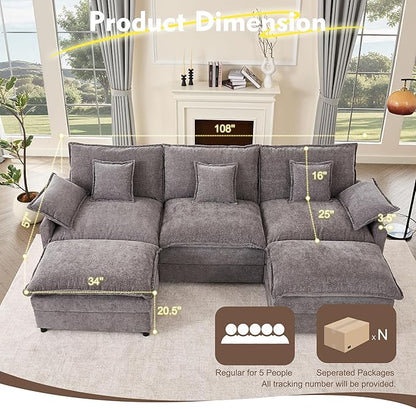 GOSUHI 108" U-Shaped Modular Cloud Couch, Deep Seat, Chenille Slate | Cloud Comfort, Couches for Living Room, Removable & Machine-Washable Covers, Movable Ottoman, Modular Sectional Sofa