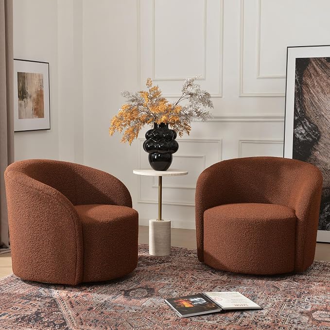 KINWELL 34" W Swivel Barrel Chair Set of 2, Mid Century Modern Round Upholstered Boucle Swivel Accent Chairs, No Assembly Sofa Chair for Living Room Bedroom Reading, Brown
