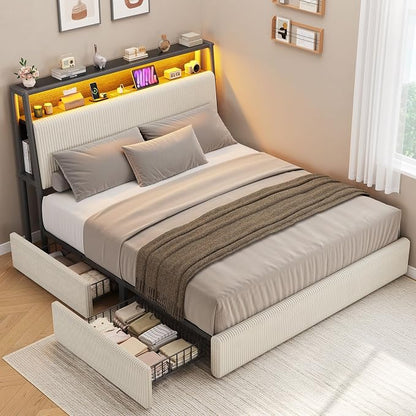 Upholstered Full LED Bed Frame with 2 Storage Drawers and Charging Station, Corduroy Platform Bed with 3-Tier Storage Bookcase Headboard, Heavy Duty Metal Support, No Box Spring Needed - Beige