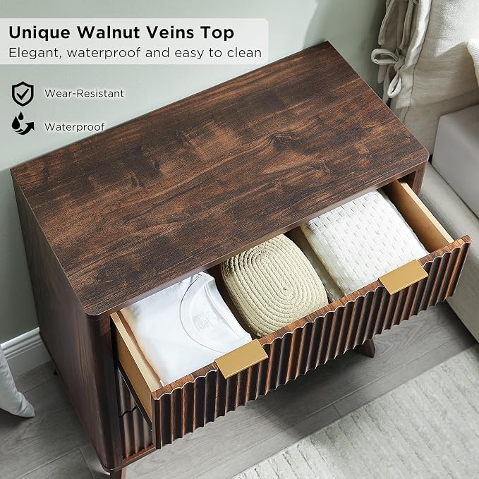 T4TREAM Fluted 3 Drawer Dresser, 32" Tall Modern Chest of Drawers, Curved Profile Design, Wood Drawer Organizer for Bedroom, Living Room, Hallway, Entryway, Dark Walnut