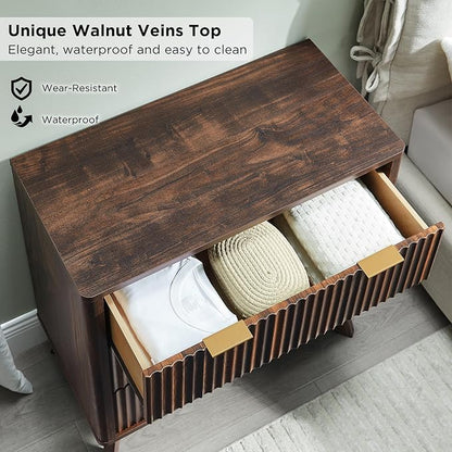 T4TREAM Fluted 3 Drawers Nightstand, Oversized Extra Large Modern Side Table, End Table Bedside for Bedroom, Living Room, Curved Profile Design, Dark Walnut