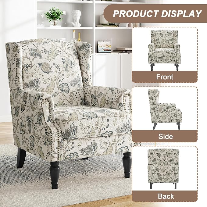 Floral Print Wingback Accent Chair, Retro Modern Farmhouse Armchair with High Back, Tufted Nailhead Trim & Solid Wood Legs, Upholstered Comfy Reading Chair for Living Room Bedroom Office, Plants Beige