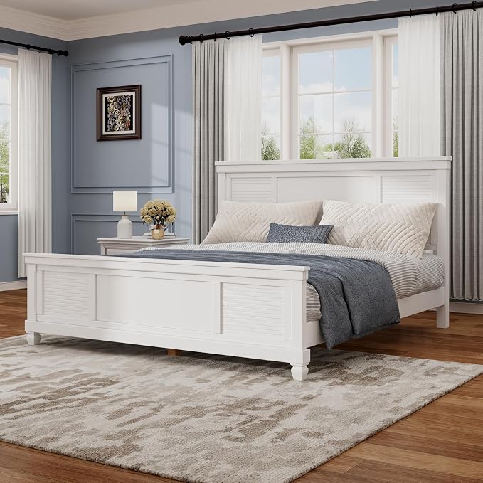 Merax Queen Size Bed Frame with Wood Headboard, Farmhouse White Platform Bed Frame with Sturdy Wooden Support Slats, No Box Spring Needed, Holds up to 800 Pounds, Noise-Free, Easy Assembly