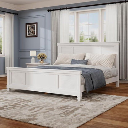 Merax Queen Size Bed Frame with Wood Headboard, Farmhouse White Platform Bed Frame with Sturdy Wooden Support Slats, No Box Spring Needed, Holds up to 800 Pounds, Noise-Free, Easy Assembly