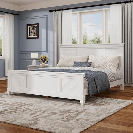 Merax Queen Size Bed Frame with Wood Headboard, Farmhouse White Platform Bed Frame with Sturdy Wooden Support Slats, No Box Spring Needed, Holds up to 800 Pounds, Noise-Free, Easy Assembly