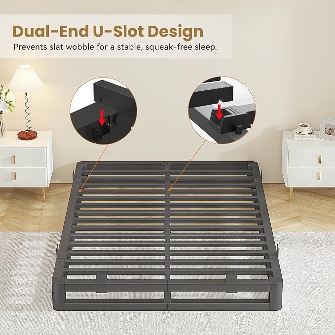 6 Inch California King Bed Frames with Rounded Corner and Squeak Free U-Slot Design, Metal Platform Bed Frames 6 Non-Slip Guards, 3500lbs Heavy Duty Steel Slat Support, No Box Spring Needed
