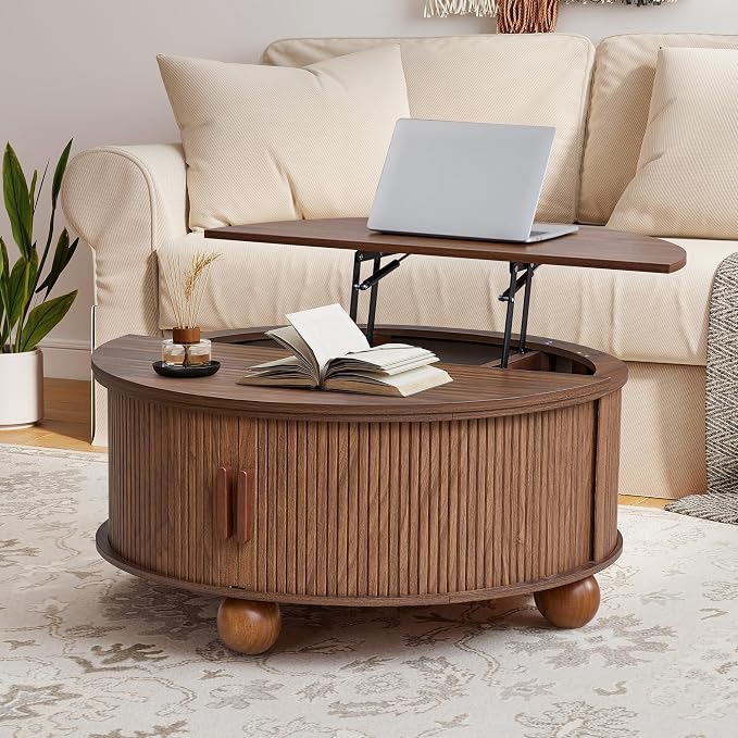 Round Lift Top Coffee Table with Hidden Storage, 33.5'' Mid-Century Modern Fluted Coffee Table with Sliding Tambour Door & Solid Wood Legs, Circle Center Table for Living Room, Small Space (Walnut)