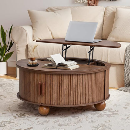 Round Lift Top Coffee Table with Hidden Storage, 33.5'' Mid-Century Modern Fluted Coffee Table with Sliding Tambour Door & Solid Wood Legs, Circle Center Table for Living Room, Small Space (Walnut)