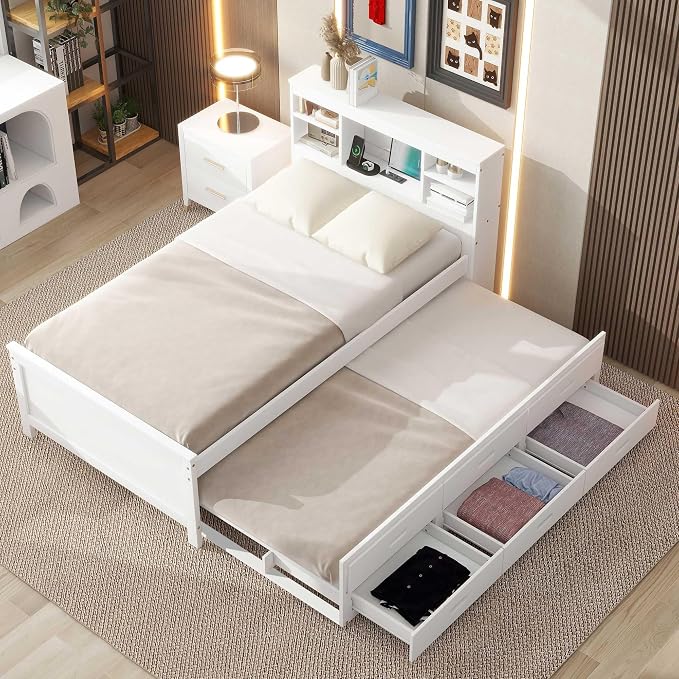 Merax Twin Size Platform Bed with Storage Headboard, USB, Wood Bedframe with Twin Size Trundle and 3 Drawers, White