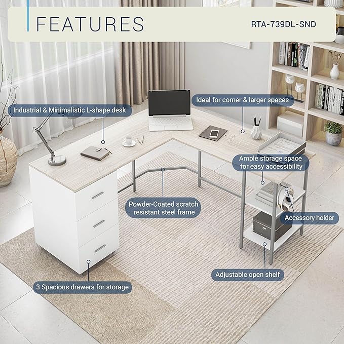 Techni Mobili L Shaped Desk - Two-Toned Computer Desk with Drawers & Storage Shelves - Simple Modern Furniture & Home Office Space Corner Table for Work & Writing | 59" two‑tone L‑shaped desk with storage shelves, durable frame, modern corner workstati...