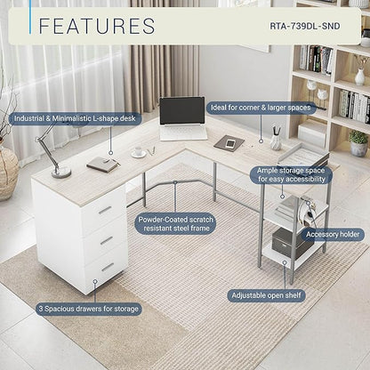 Techni Mobili L Shaped Desk - Two-Toned Computer Desk with Drawers & Storage Shelves - Simple Modern Furniture & Home Office Space Corner Table for Work & Writing | 59" two‑tone L‑shaped desk with storage shelves, durable frame, modern corner workstati...