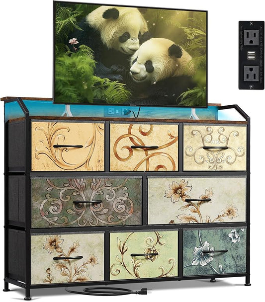 WLIVE Led Dresser for Bedroom, TV Stand for Bedroom with LED Lights and Power Outlet, Wide Chest of Drawers for Hallway, 8 Fabric Drawers for Living Room and Entryway, Floral Painted