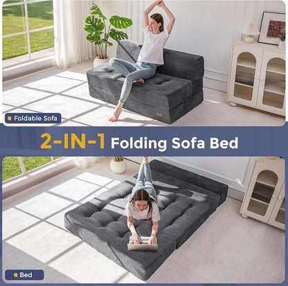 MAXYOYO 8" Folding Sofa Bed, Fold Out Chair Bed, Convertible Floor Sofa Couch, High-Density Foam Tufted Lounge Couch for Living Room Bedroom Dorm, Loveseat, Dark Grey