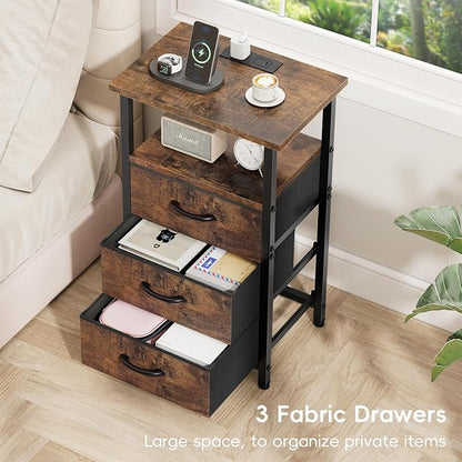 Vagusicc Nightstand with Charging Station, Bedside Table with USB Ports and Outlet, End Table Side Table with 3 Fabric Drawers and Storage Shelf, Bed Side Table Night Stand for Bedroom, Rustic Brown