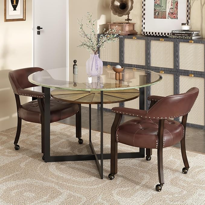 LEEMTORIG Set of 2 Large Dining Chairs with Casters and Arm, Rolling Dining Chairs with Wheels, Poker Table Chairs, Boss Caption's Chairs, 26"D x 25.2"W x 31.5"H, Espresso Legs & Wine Red, XXY-1910-WR