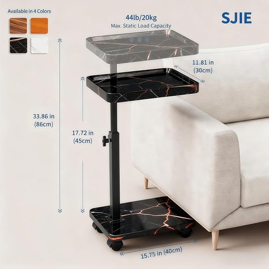 C Table End Table Adjustable Height, 360°Swivel TV Tray Table for Small Spaces, Side Tables with Wheels for Living Room and Bedroom, Bed (Black-15.7 x 11.8 inches)