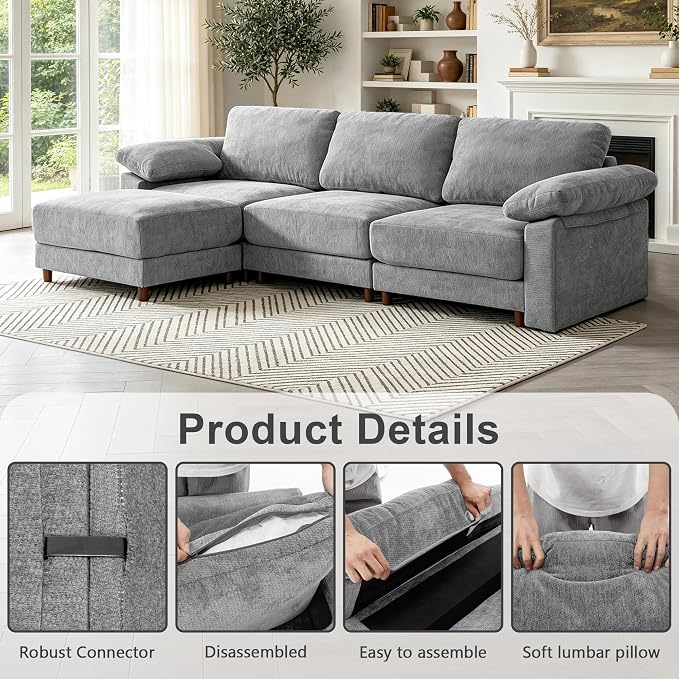 Oversized L Shaped Sectional Couch for Living Room, Extra Large Deep Seat Modular Sectional Sofa with Washable Covers, Modern Cloud Couch for Apartment, Bedroom (Light Gray, L Shape 4 Seat)