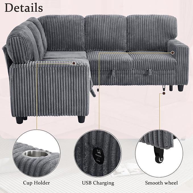 Sectional Sleeper Sofa with Pull Out Bed, Plush Corduroy L Shaped Corner Couch with Storage, USB Ports, Cup Holders, Comfy Sectional Couches for Living Room, Grey