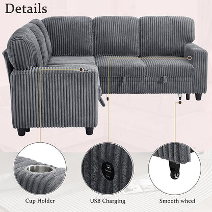 Sectional Sleeper Sofa with Pull Out Bed, Plush Corduroy L Shaped Corner Couch with Storage, USB Ports, Cup Holders, Comfy Sectional Couches for Living Room, Grey