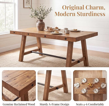 chairus 59" Reclaimed Wood Rectangular Farmhouse Dining Table | 59"L x 35.5"W x 30"H Standard Dining Height Tabletop, Seats 4-6, Reinforced A-Frame Legs with Black Metal Support Bar
