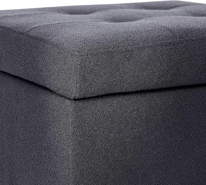 Adeco Storage Ottoman Bench with Solid Wood Legs, Dark Grey Cotton Linen Upholstered Tufted Footstool, Hinged Lid Cube for Living Room, Bedroom, Entryway, 17.7" Square