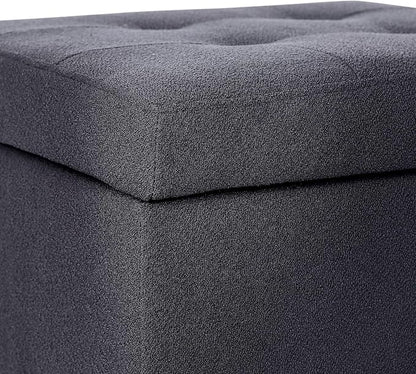 Adeco Storage Ottoman Bench with Solid Wood Legs, Dark Grey Cotton Linen Upholstered Tufted Footstool, Hinged Lid Cube for Living Room, Bedroom, Entryway, 17.7" Square