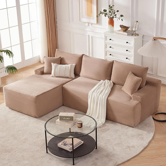 Mangodan Cloud Sectional Couch, Boneless Sofa for Living Room, Modular Sectional Sofa with Deep Seat, Fluffy Comfy Couch with L-Shaped Chaise, No Assembly Required, Camel