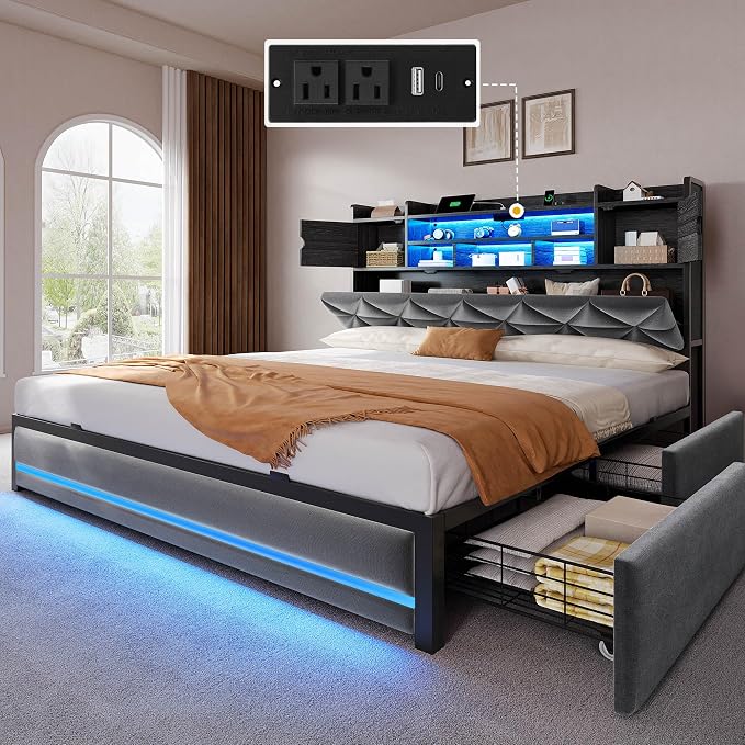 DWVO Queen Size Bed Frame with RGB LED Lights & Storage Bookcase Headboard, Upholstered Bed with Charging Station and 4 Drawers, No Box Spring Needed, Easy Assembly, Noise-Free, Velvet Grey