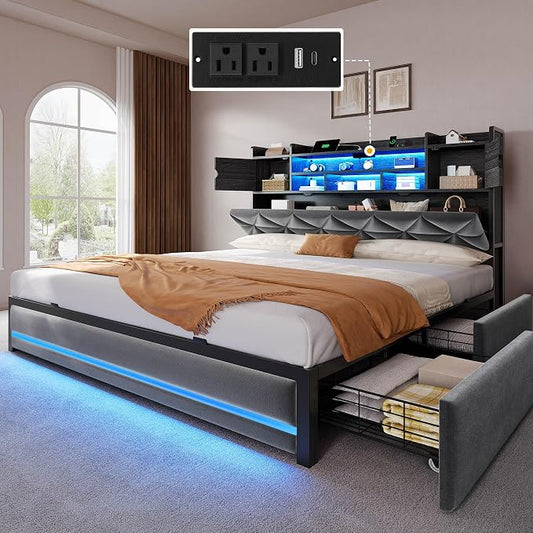 YITAHOME Queen Size Bed Frame with RGB LED Lights & Storage Bookcase Headboard, Upholstered Bed with Charging Station and 4 Drawers, No Box Spring Needed, Easy Assembly, Noise-Free, Velvet Grey