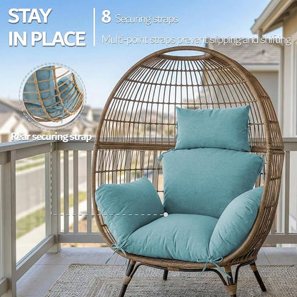Egg Chair Cushion with 8 Securing Straps, Water-Repellent & Fade-Resistant Faux Linen, Removable Cover, Replacement Cushion for Most Single Outdoor Hanging Swing Egg Chairs – Teal