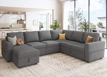 HONBAY Sectional Sleeper Sofa with Pull Out Bed, U Shaped Couch with Storage, Modular Sectional Couches for Living Room, Dark Grey