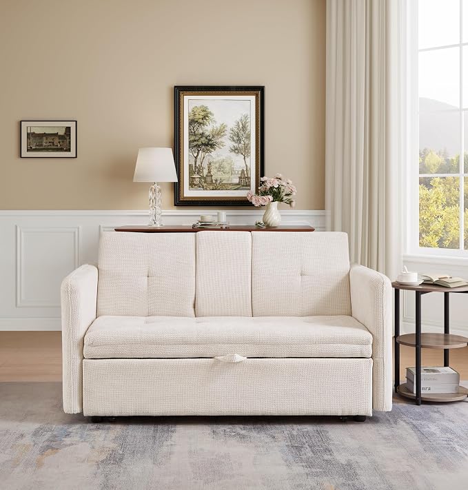 57.48" Convertible Sofa Bed with Cup Holder, Pull Out Sleeper Sofa Bed with USB Charging Ports, 3 in 1 Convertible Sleeper Sofa Bed for Living Room, Apartment, Bedroom, RV, Beige