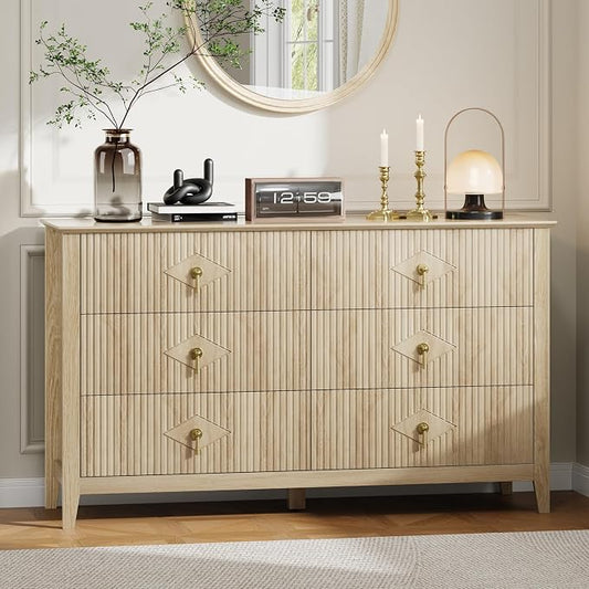 GarveeHome Fluted Dresser for Bedroom, 54 Inch Wide 6-Drawer Wood Dresser, Modern Chest of Drawers, Storage Organizer Cabinet for Living Room, Hallway, Entryway, Natural Oak