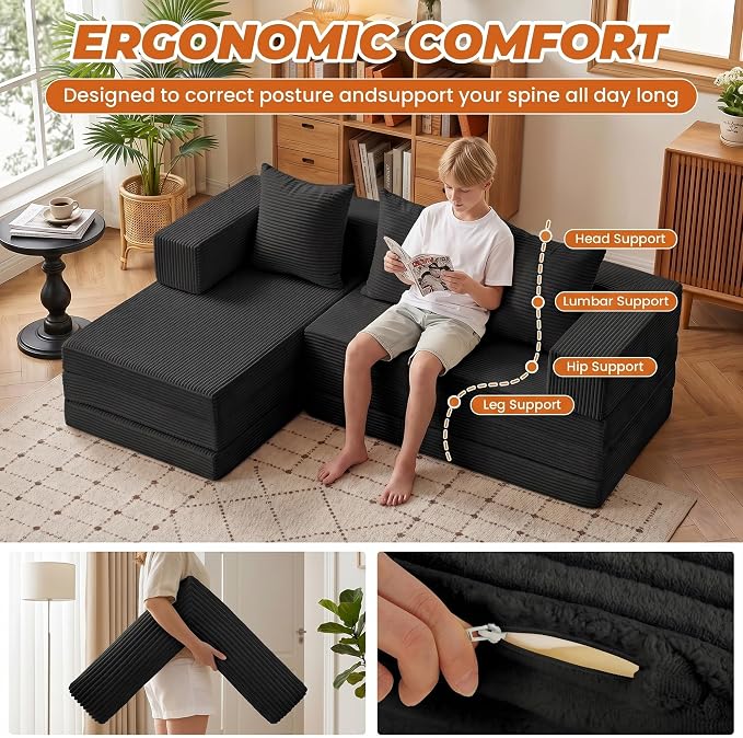 6-in-1 Boneless Couches Modular Sectional Sofa | Cloud Couch Sectional & Tri-Folding Mattress | Corduroy Pet-Friendly Convertible Sofa Bed with 800LB Capacity Living Room, Apartment, Guest Room