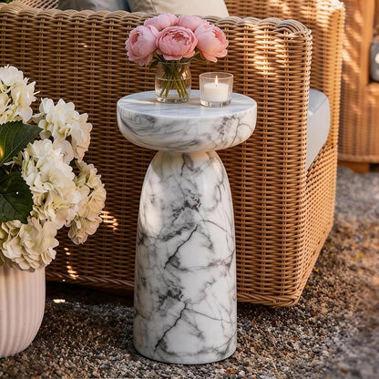 Marble Side Table, 24" Modern Accent Table with Pedestal Stand, Durable Faux Marble Side Table for Small Spaces, Marble Look Coffee Table Accent Drink Tables for Living Room Patio Balcony