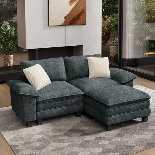 HERA'S HOUSE 88" Modular Sectional Sofa, L Shaped Couches for Living Room, Comfy Cloud Couch with Ottoman, 3-Seater Deep Seat Sofa with Throw Pillow, Chenille Blue