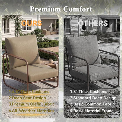 3 Pieces Aluminum Outdoor Patio Conversation Set, 6" Cushions & Coffee Table, All-Weather Rust-Resistant Frame for Porch Garden Backyard, Brown