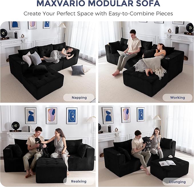 MAXYOYO Modular Sectional Sofa Couch, L Shaped Modern Cloud Couch with 1 Ottoman, Sofa in A Box, Tufted 4-Seat Boneless Chair for Living Room, No Assembly Required, Black