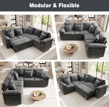 Ihanherry 86" Modular Sectional Sofa with Pull Out Bed, 5-Seater L Shaped Sectional Sleeper Couch with Storage, Chenille Convertible Couches for Living Room, Apartment (Grey)