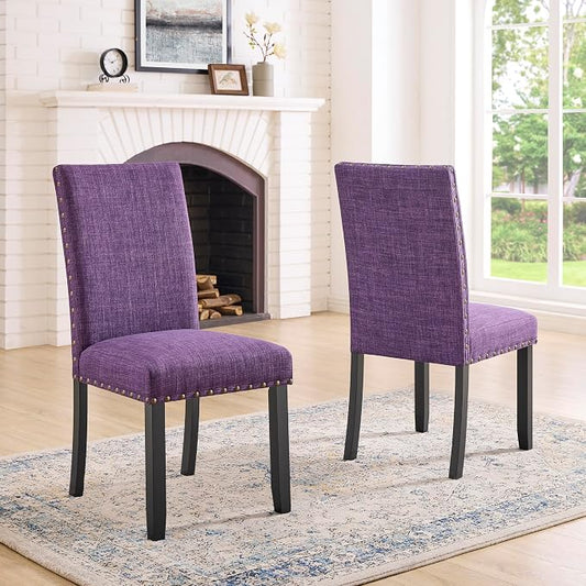 Roundhill Furniture Biony Fabric Dining Chairs with Nailhead Trim, Set of 2, Purple