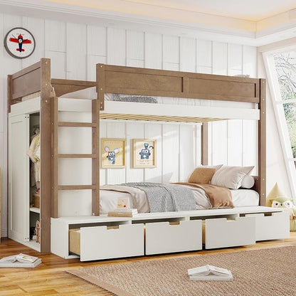 Bellemave Twin Over Twin Bunk Bed with Storage Drawers,Solid Wood Bunk Bed with Built-in Wardrobe,Storage Shelf and Safety Guardrails for Kids Girls Boys,Beige & Natural