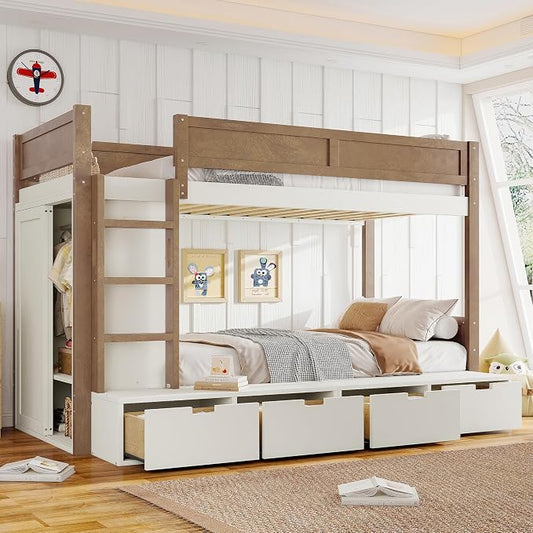 Bellemave Twin Over Twin Bunk Bed with Storage Drawers,Solid Wood Bunk Bed with Built-in Wardrobe,Storage Shelf and Safety Guardrails for Kids Girls Boys,Beige & Natural