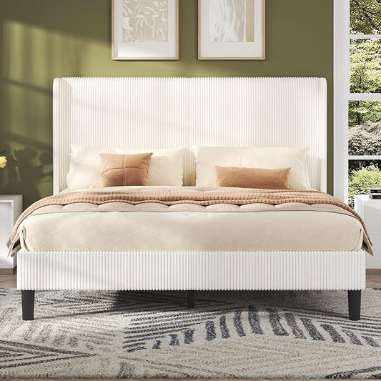 AMERLIFE Full Bed Frame, Upholstered Platform Bed with Corduroy Headboard, Easy Assembly Modern White Bed Frame with Wooden Slats Support, No Box Spring Needed